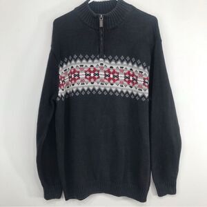 Chaps Charcoal Gray Red Nordic Pattern Mockneck Quarter Zip Pullover Sweater